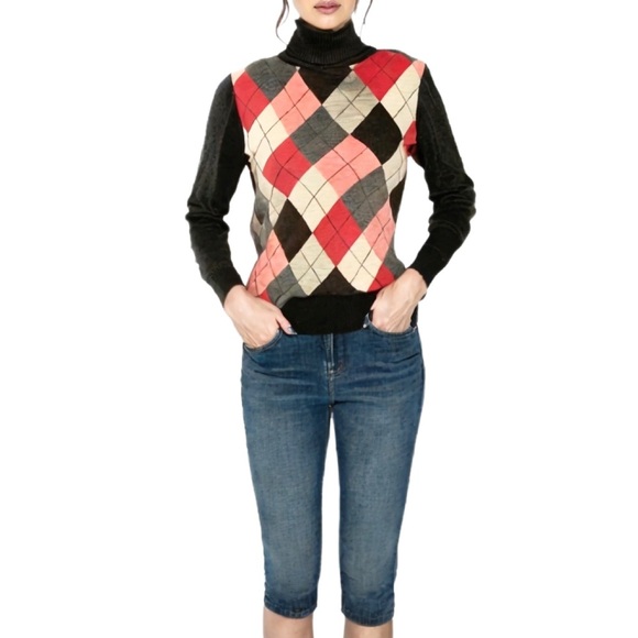 Esprit Vintage Charcoal Grey Argyle Lightweight Turtleneck Sweater Size XS - Picture 6 of 6